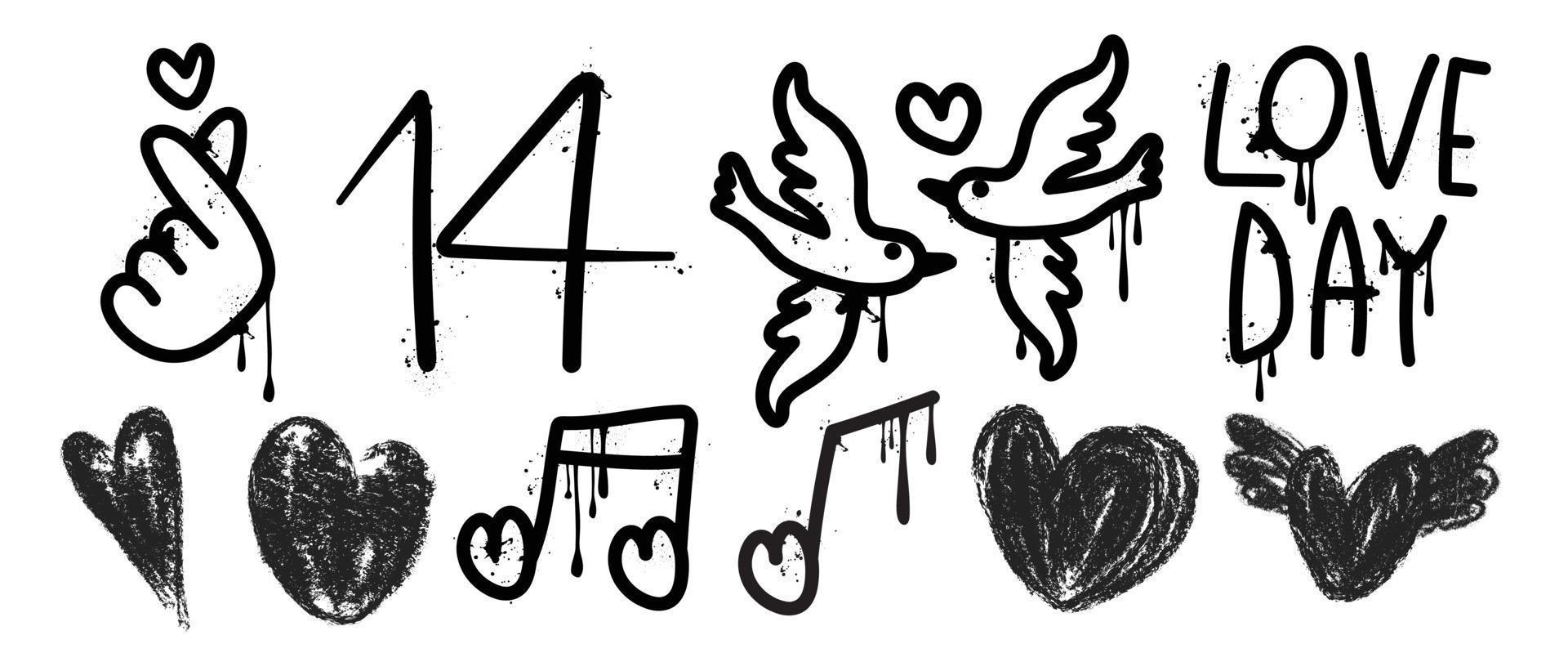 Set of spray paint valentine element vector. Hand drawn graffiti texture style collection of mini heart, hand sign, bird, melody note, date. Design for print, cartoon, card, decoration, sticker. vector
