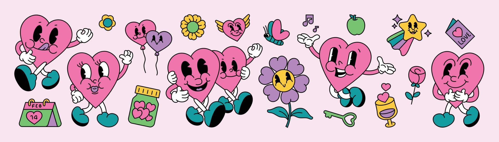 70s groovy doodle element vector set. Cute comic retro hippie collection of playful hearts, flowers, key, balloon, calendar, apple, butterfly. Design for valentine card, decorative, sticker, print.