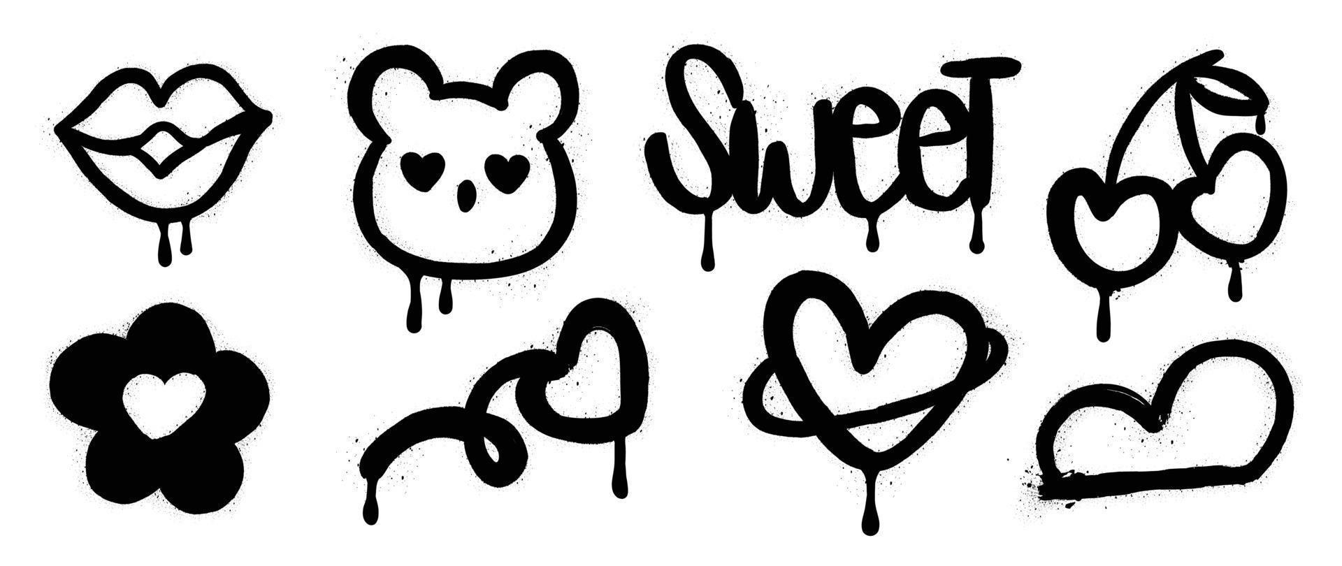 Set of spray paint valentine element vector. Hand drawn graffiti texture style collection of heart shape, kiss, mouth, bear, flower, cherry. Design for print, cartoon, card, decoration, sticker. vector