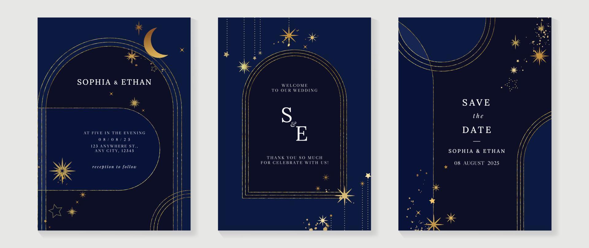 Luxury wedding invitation card background vector set. Elegant golden texture of arch frame line art and sparkles, stars, crescent moon. Design illustration for wedding and vip cover template, banner.