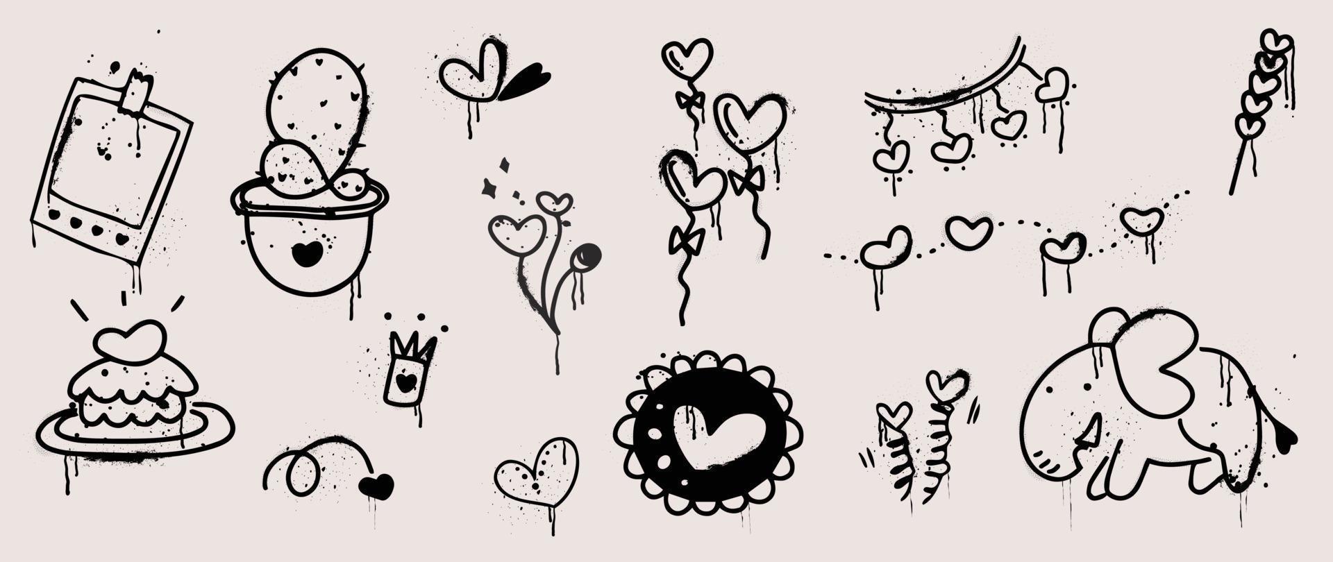 Set of spray paint valentine element vector. Hand drawn graffiti texture style collection of cake, card holder, cactus, heart, balloon, elephant. Design for print, cartoon, card, decoration, sticker. vector