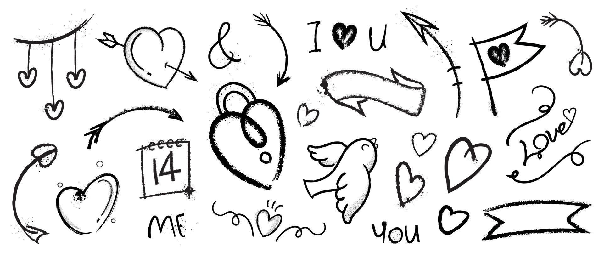 Set of spray paint valentine element vector. Hand drawn graffiti texture style collection of heart, symbol, bird, banner, flag, arrow, calendar. Design for print, cartoon, card, decoration, sticker. vector