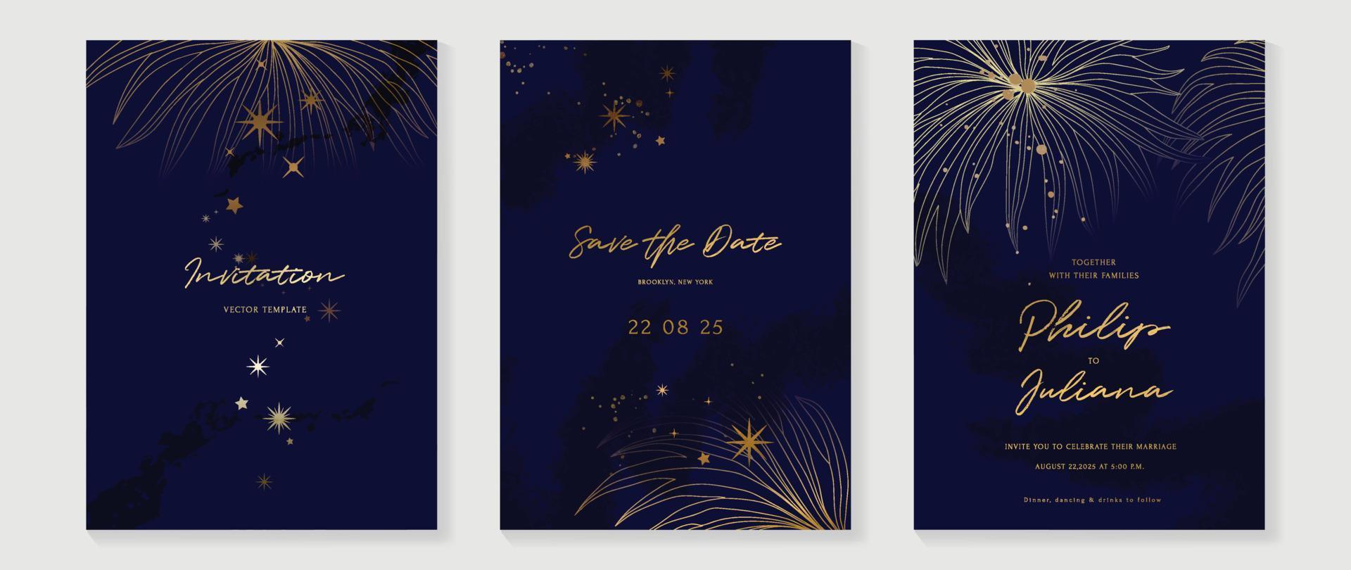 Luxury wedding invitation card background vector set. Elegant golden leaf line art and glittering sparkle texture on dark background. Design illustration for wedding and vip cover template, banner.