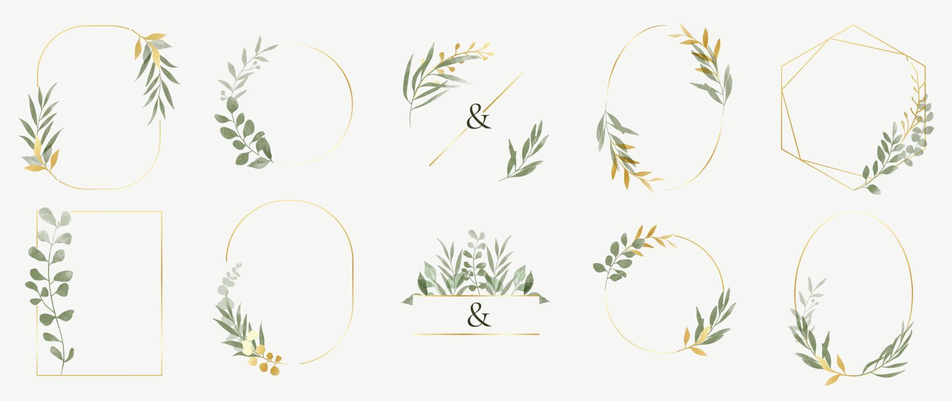 Set of luxury wedding frame element vector illustration. Watercolor botanical leaf branch wreath with elegant golden geometric frame template collection. Design for invitation card, poster, banner.