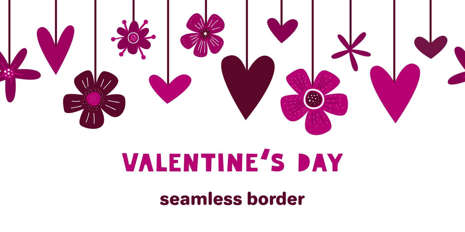 Valentines day romantic seamless border with hearts and flowers. Top upper garland with hanging elements for cards and banner design. 14 february holiday vector. vector