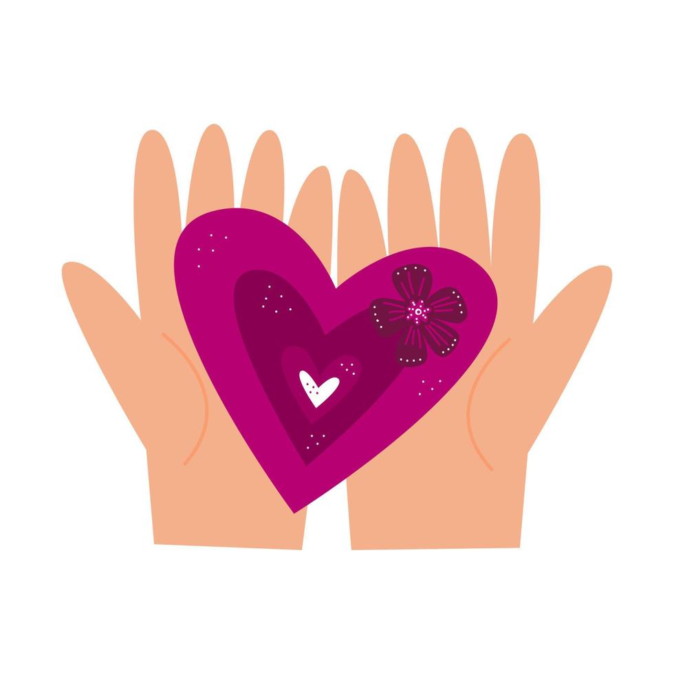 Valentines day romantic illustration. People hands hold heart with flowers. 14 february holiday. vector