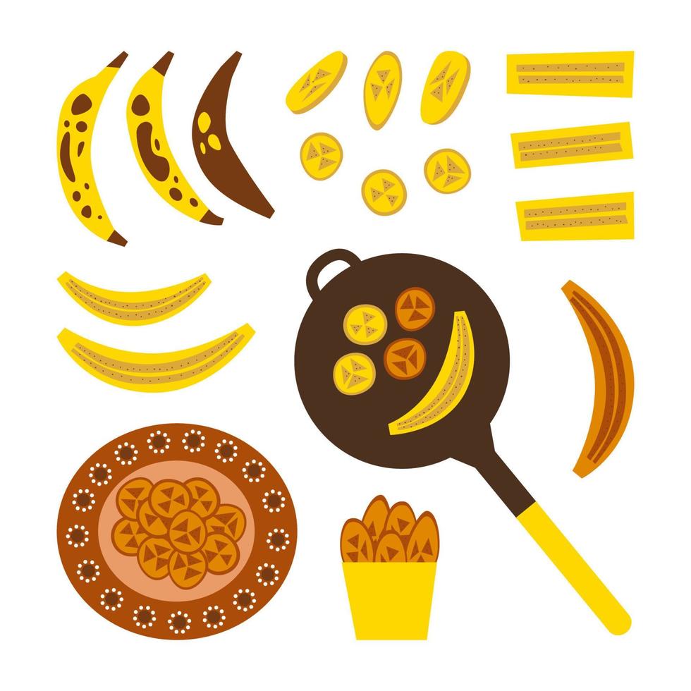 Fried bananas traditional mexican dessert. Platanos fritos Latin American sweet on a folk art design plate. Slices of plantain on the frying pan. vector