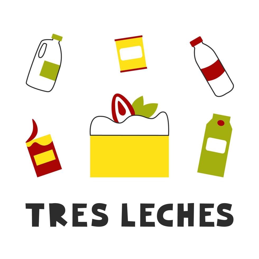 tres leches postre tradicional mexicano con crema y fresa. bizcocho latinoamericano. paquetes de leche. vector