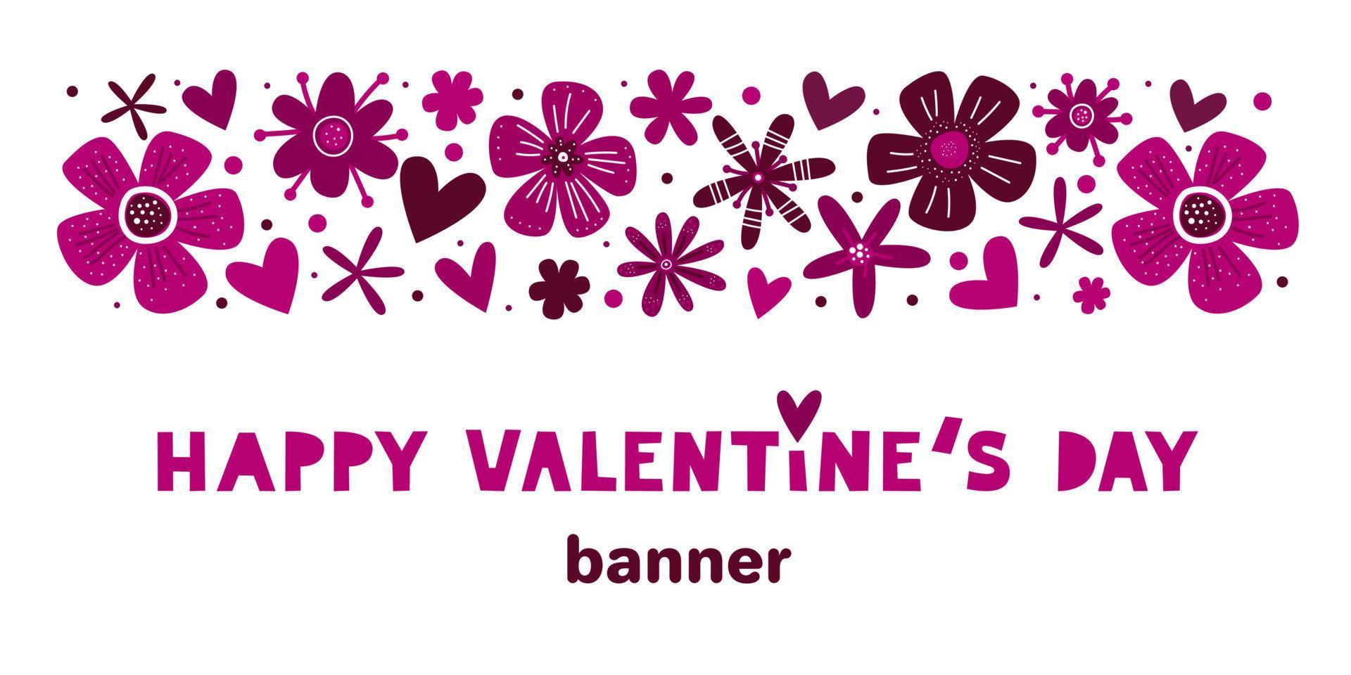 Valentines day romantic banner with love elements. Hearts and flowers garland chain. 14 february holiday. vector