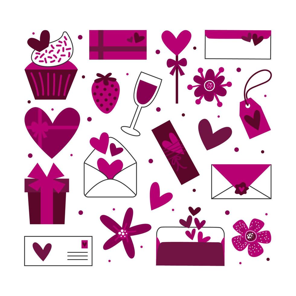 ilustración romántica del día de san valentín con elementos de amor. corazones, flores, vino, regalos, dulces, pasteles, letras, etiquetas, conjunto de imágenes prediseñadas de dulces. 14 de febrero feriado. vector
