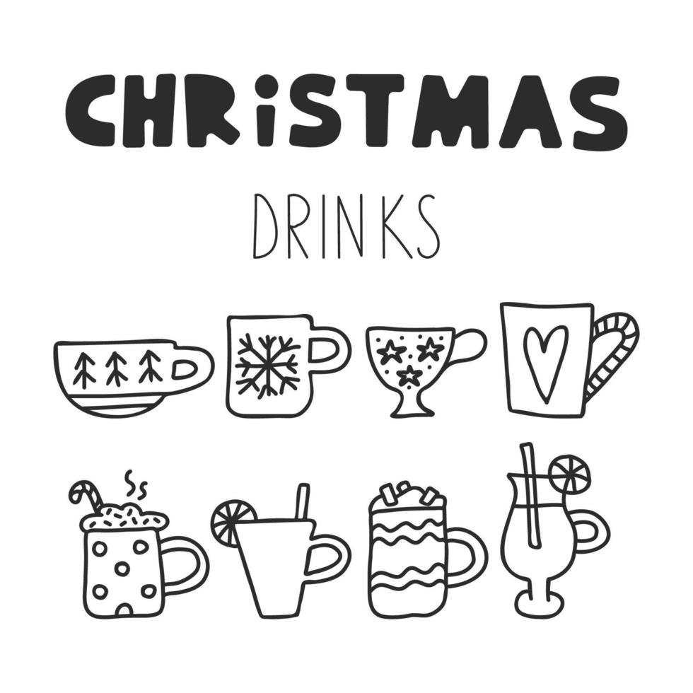 Christmas doodle drink elements. Cozy winter lettering vector set.