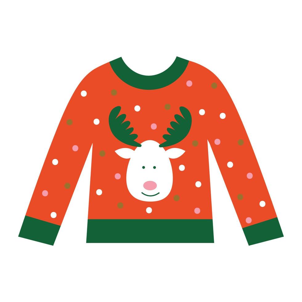 Christmas ugly cozy warm sweater with reindeer. New Year clothes with winter holiday symbols. vector