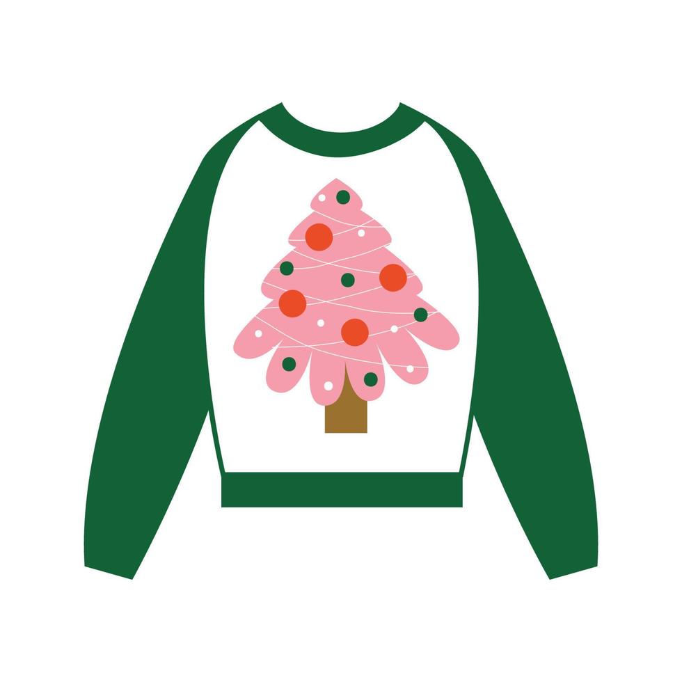 Christmas ugly cozy warm sweater with decorated tree, lights, baubles, balls. New Year clothes with winter holiday symbols. vector