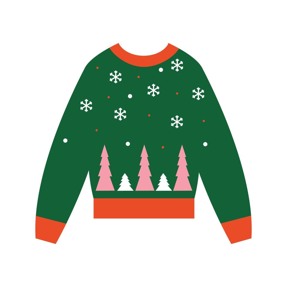 Christmas ugly cozy warm sweater with trees silhouette in forest and snowflakes. New Year clothes with winter holiday symbols. vector