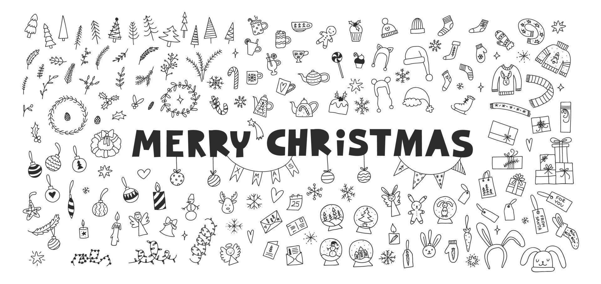 Xmas symbols and elements hand drawn doodle collection. Merry Christmas lettering clipart. Cozy winter and happy holidays concept. Vector illustration set in black and white.