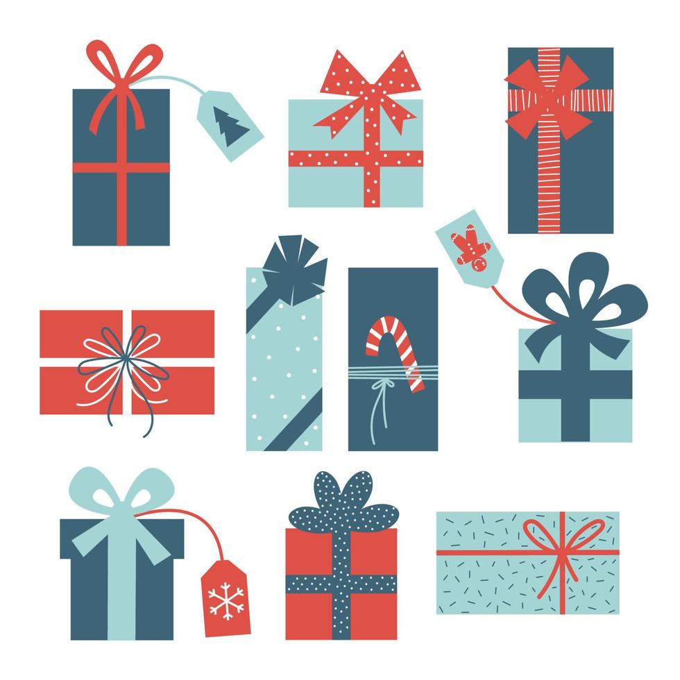 Christmas gifts wrapped with ribbons and bows collection. New Year and Xmas presents vector flat illustration set.