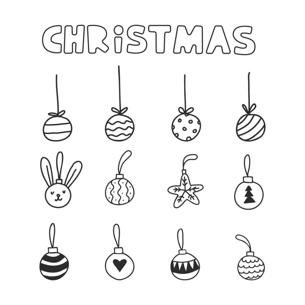 Christmas balls and baubles hand drawn doodle clipart set. vector