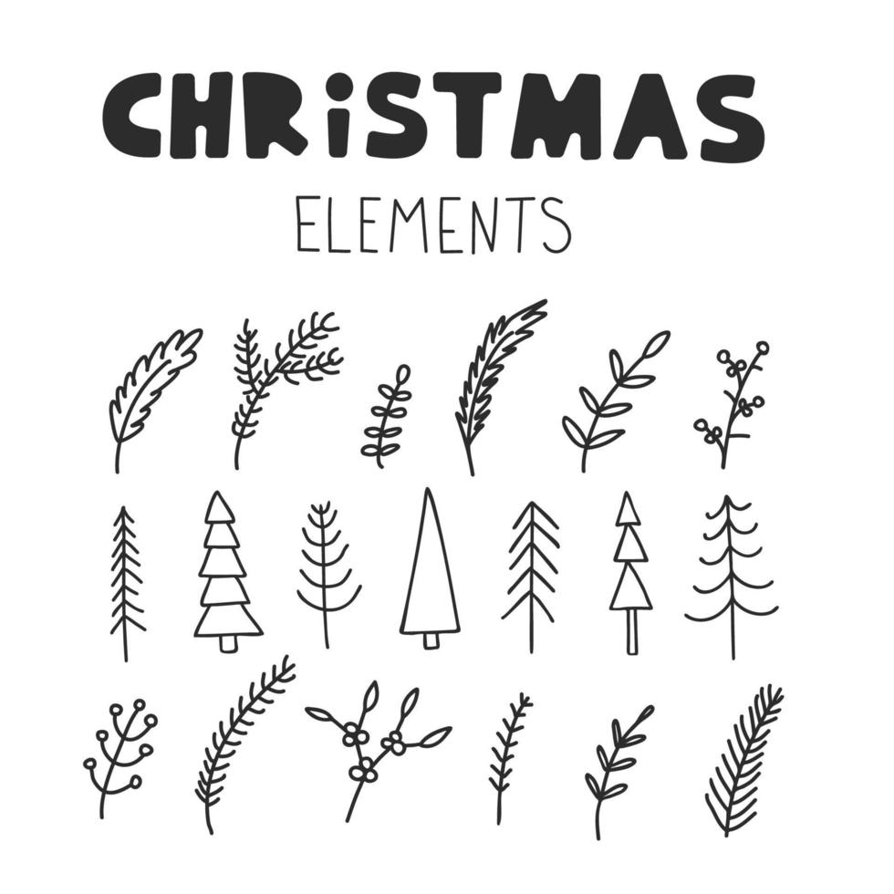 Christmas doodle elements. Winter plants and trees vector set.