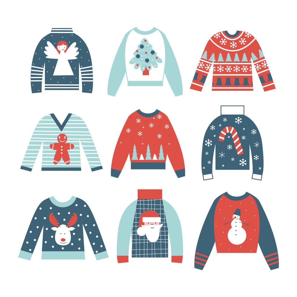 colección de suéteres feos de navidad. conjunto de ilustraciones planas vectoriales de navidad y año nuevo. lindos elementos y símbolos de vacaciones minimalistas. acogedor concepto de invierno. vector