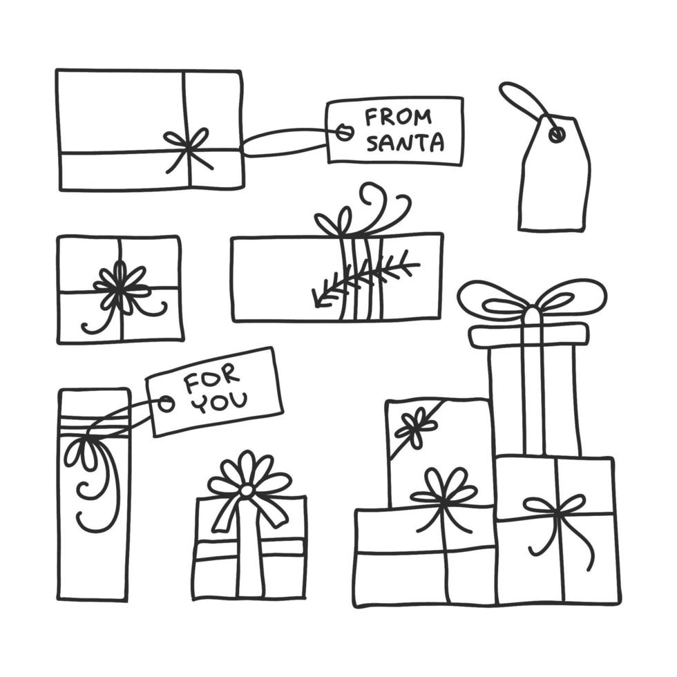 Christmas gifts with tags clipart. Winter presents hand drawn doodle vector set.