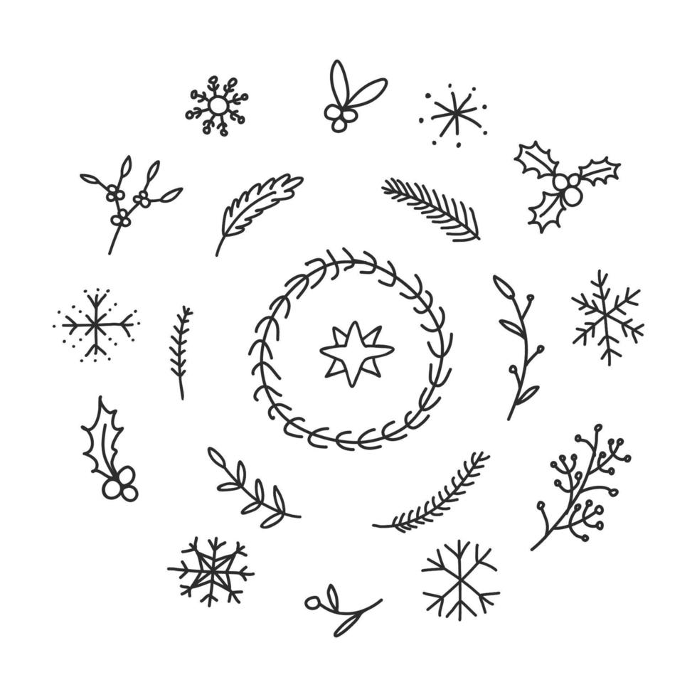 Christmas and winter doodle hand drawn plants, star, snowflakes in circle wreath decoration. vector