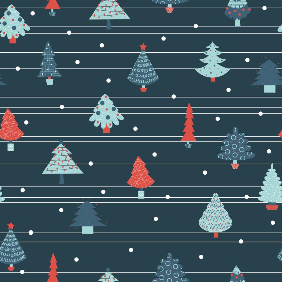 Christmas tree of various shapes and colors vector flat seamless pattern. Merry Xmas and Happy New Year concept. Wrapping and digital paper, background.
