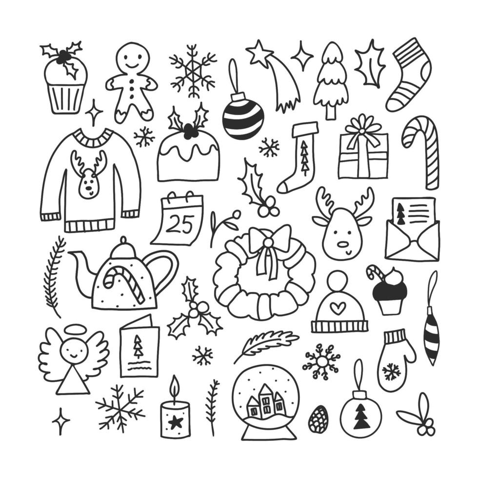Christmas doodle hand drawn vector. Winter elements set. vector