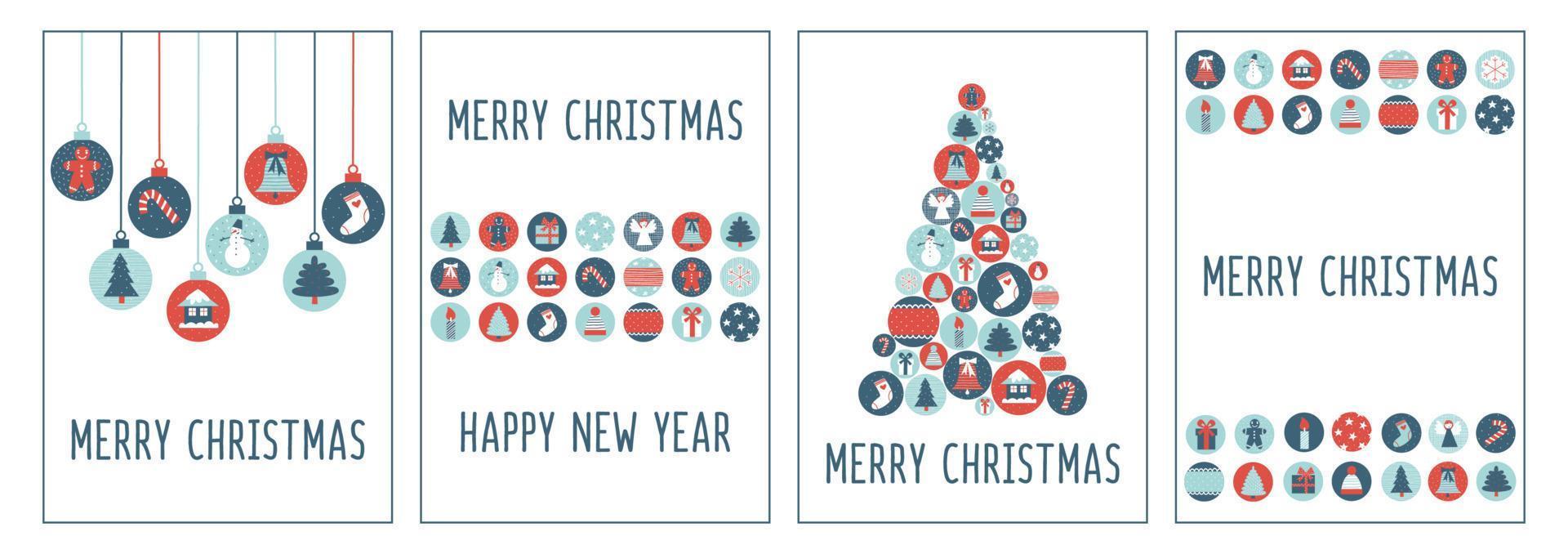 Christmas greetings cards with Xmas baubles. New Year wishes collection on a white background. Vector flat illustration set.