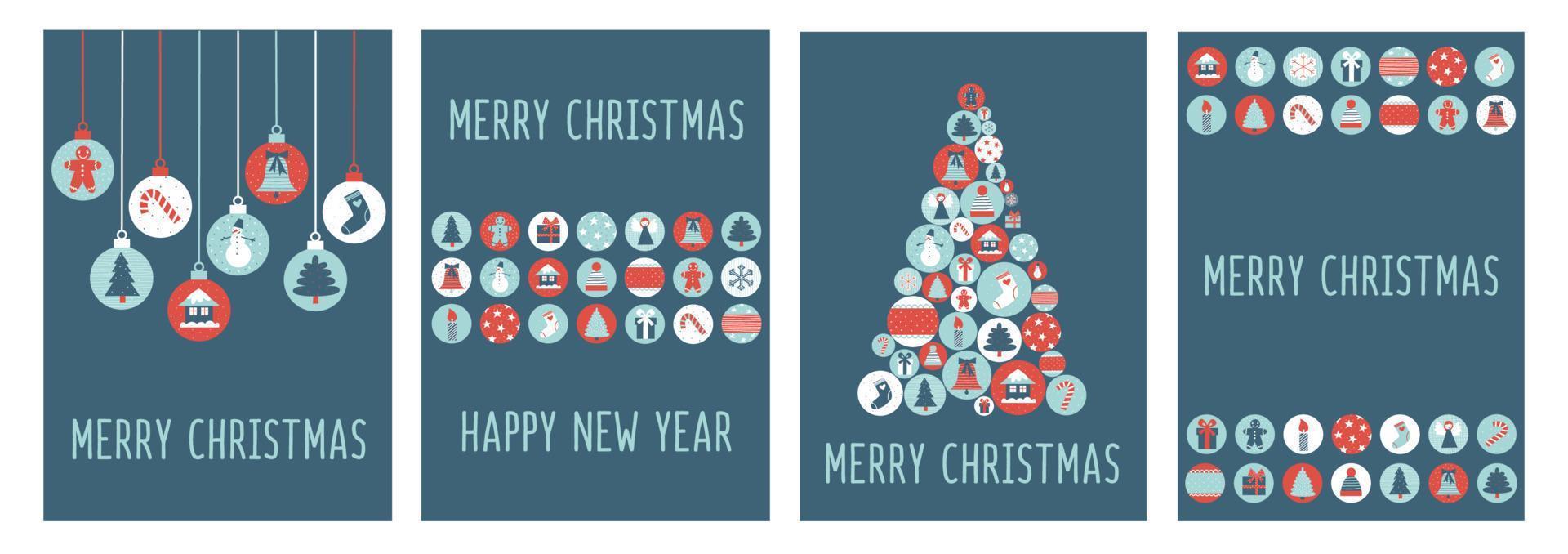 Christmas greetings cards with Xmas baubles. New Year wishes collection on a dark background. Vector flat illustration set.