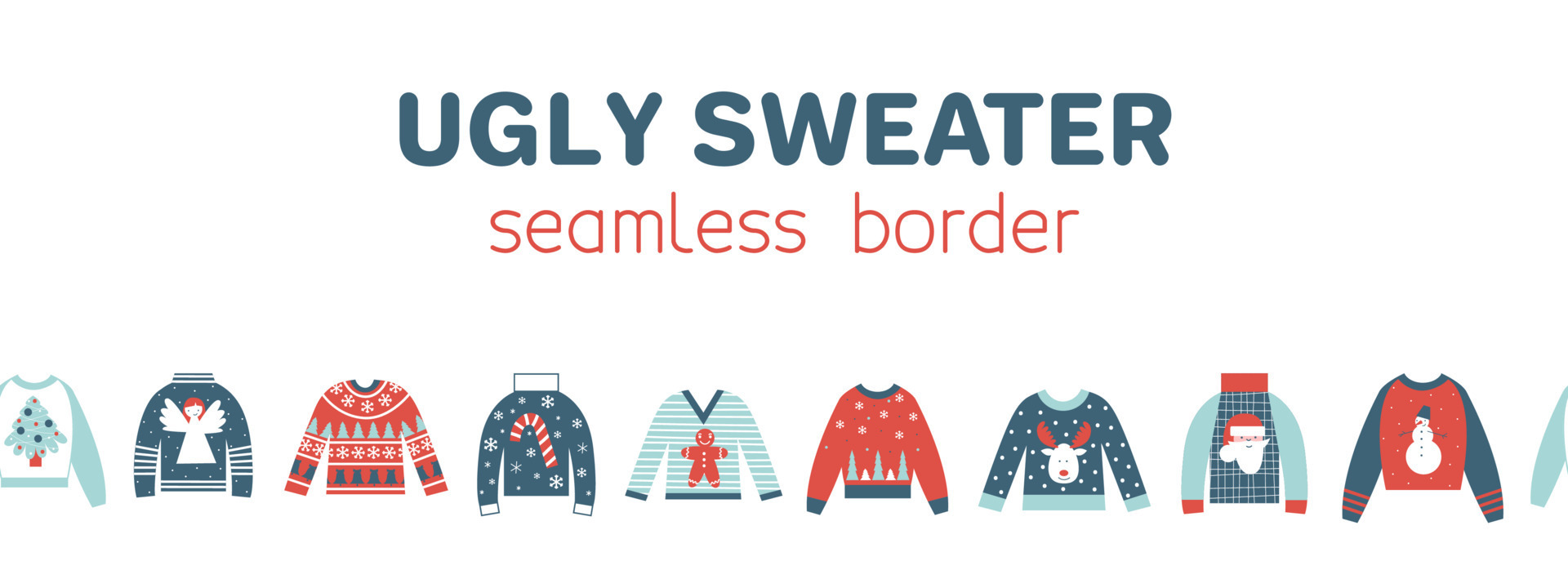 Christmas and new year ugly sweater seamless border. Cozy winter elements with holiday symbols