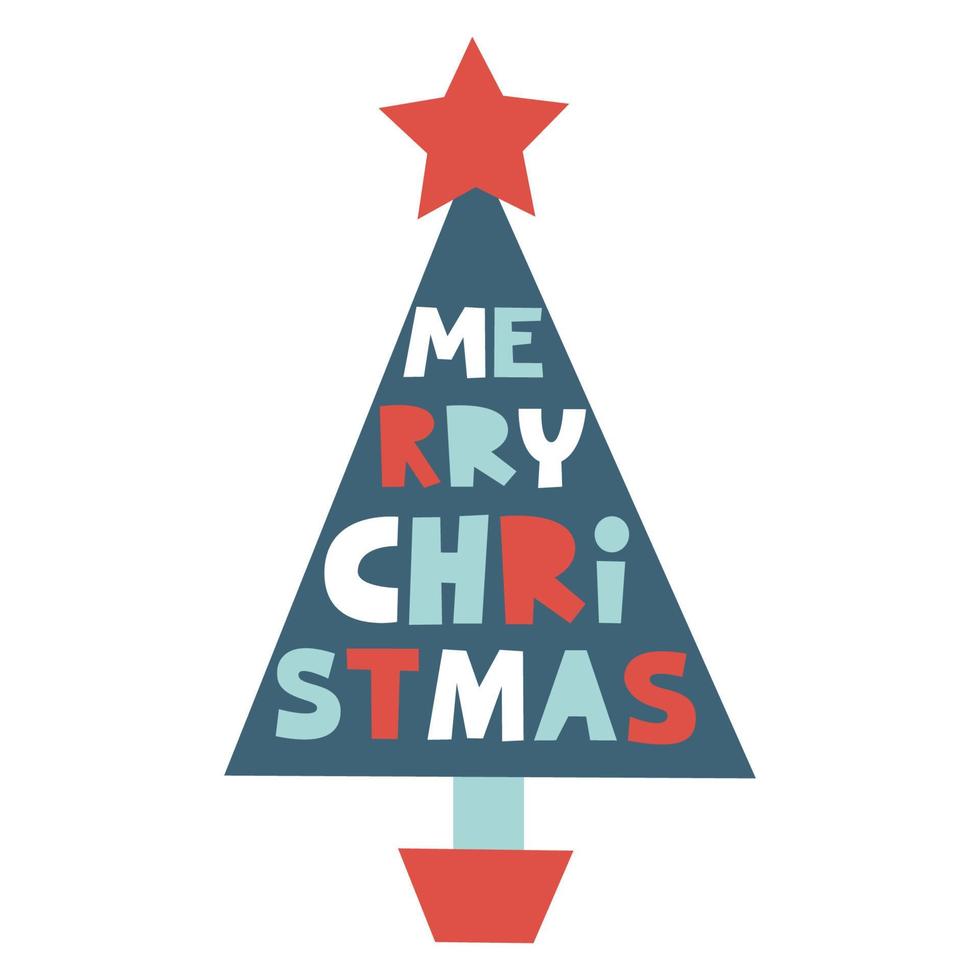 Merry Christmas lettering greeting card with wishes on Xmas tree. Cozy winter concept. Vector flat illustration.