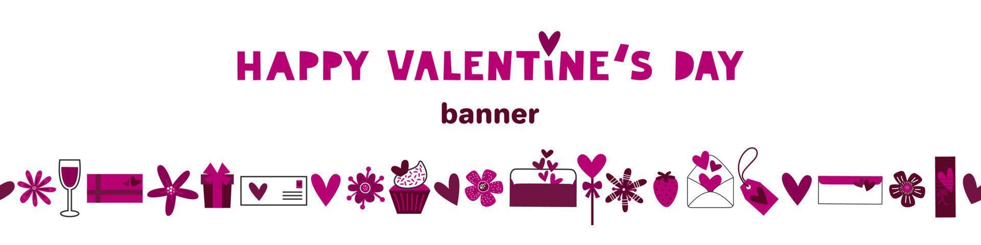 frontera romántica sin costuras del día de san valentín con elementos de amor. corazones, flores, regalos, cartas, pasteles, dulces, dulces, cadena de guirnaldas de etiquetas. 14 de febrero feriado. vector