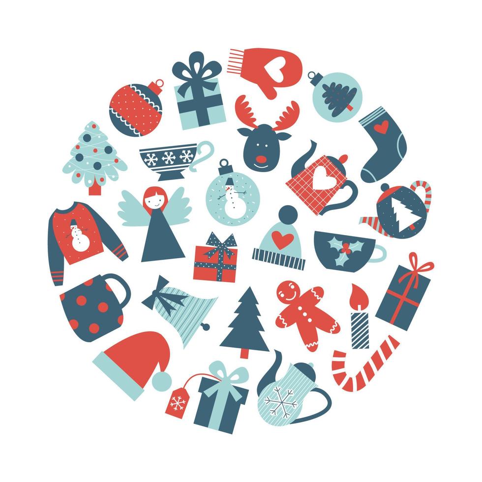 Christmas elements collection in a circle. Xmas and New Year symbols flat vector illustration set.