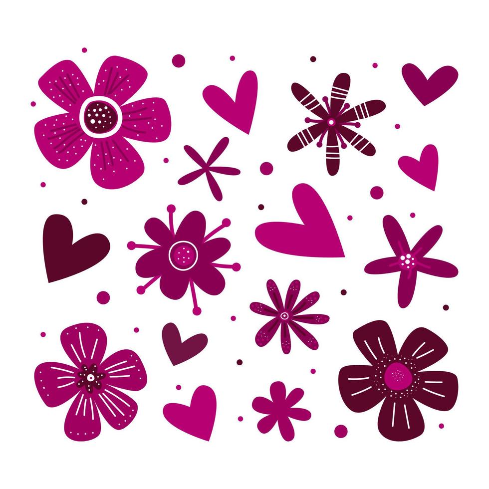 ilustración romántica del día de san valentín con corazones y flores. conjunto de imágenes prediseñadas de elementos de diseño de decoración de amor. Vector de vacaciones del 14 de febrero.