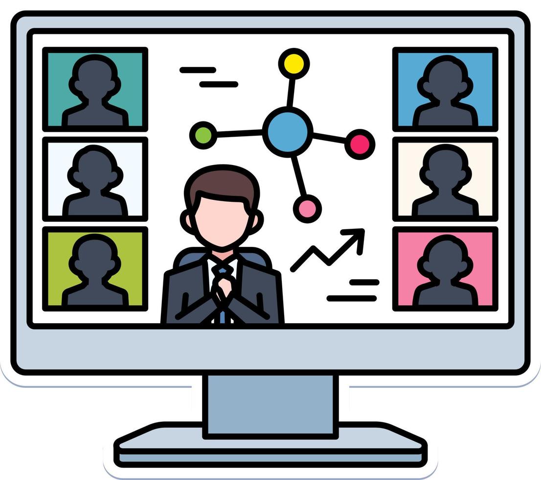 Meeting Online team call work internet home business Element illustration Colored Outline Sticker Retro vector