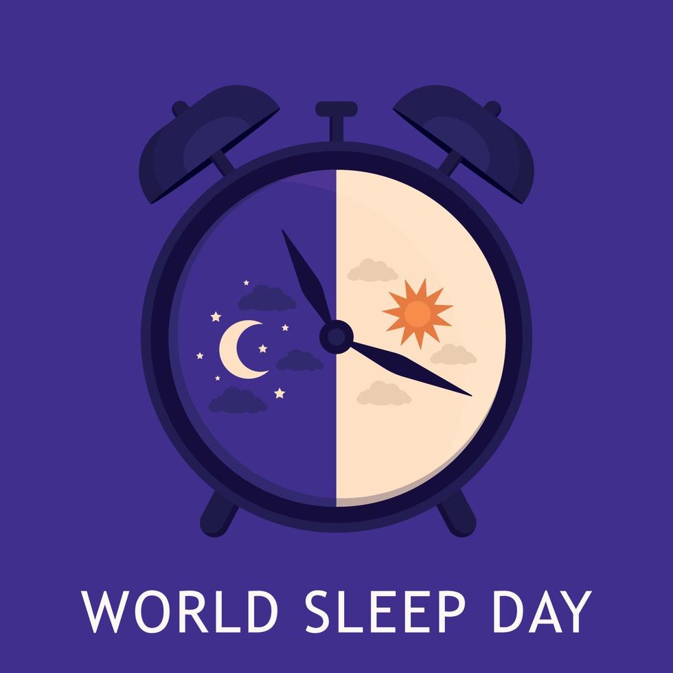 Vector illustration of world sleep day. Alarm clock with night and day sky, sun and moon.