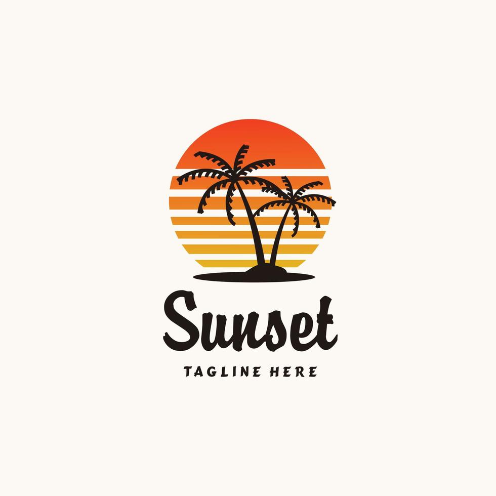 Minimalist palm sunset beach logo design. Vintage retro vector icon illustration