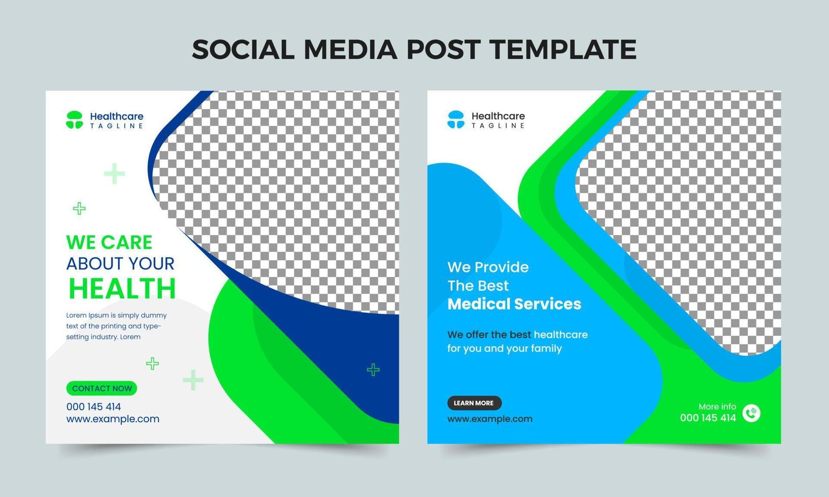 diseño de banner azul y verde de redes sociales de atención médica. plantilla de publicación en redes sociales del centro de atención médica. poste cuadrado de promoción médica o de salud vector