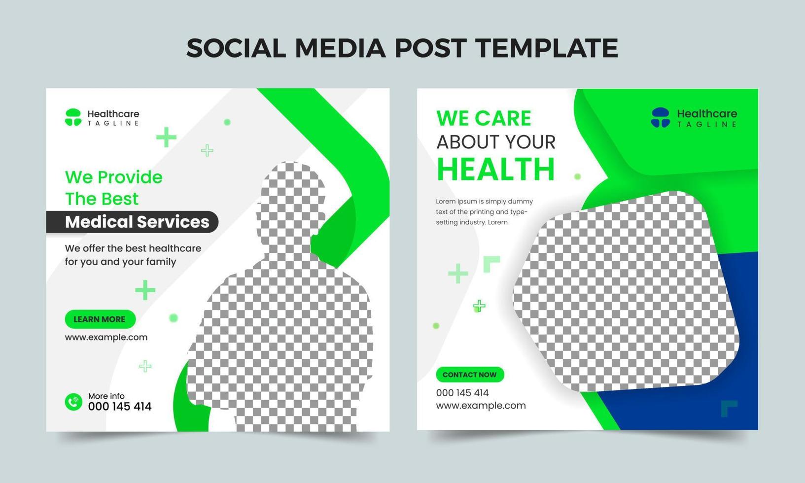 Healthcare social media blue and green banner design. Medical healthcare center social media post template. Healthcare or medical promotion square post vector