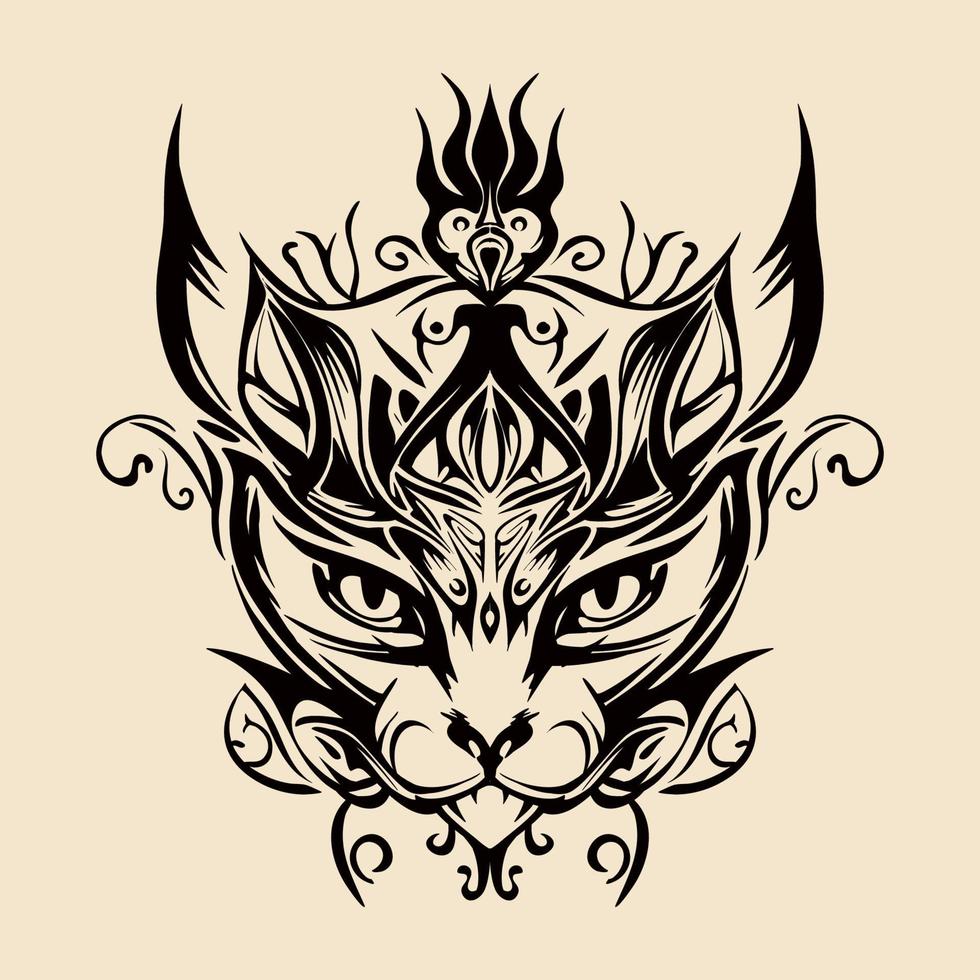 gato con corona dibujado a mano ilustración tribal vintage vector