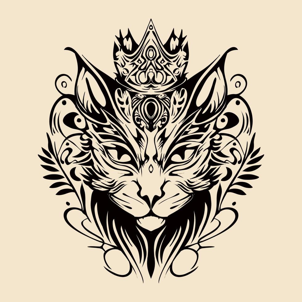 Cat with Crown Hand Drawn tribal vintage Illustration vector