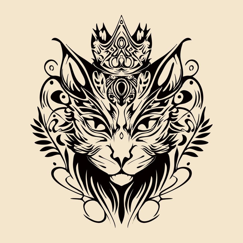 gato con corona dibujado a mano ilustración tribal vintage vector