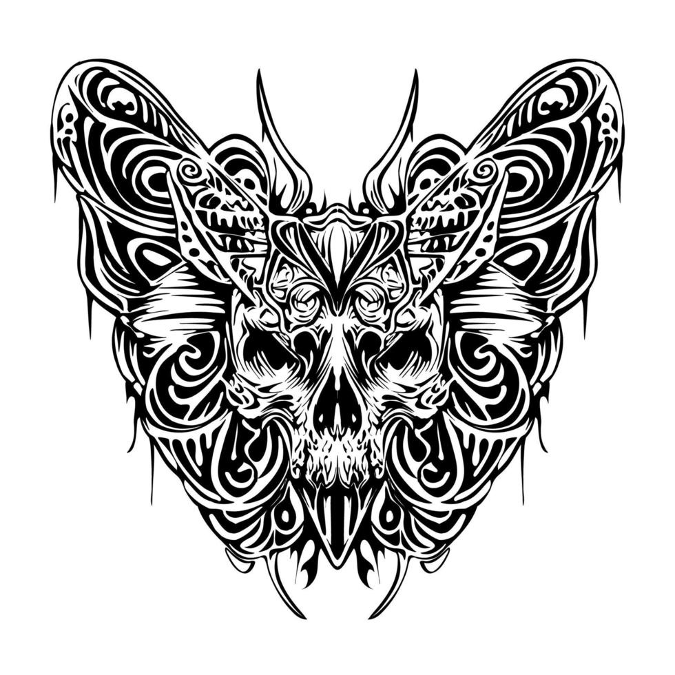 Skull Butterfly Silhouette Lineart Outline Drawing vector