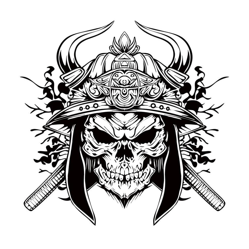 croquis cráneo japón samurai silueta ilustración vector