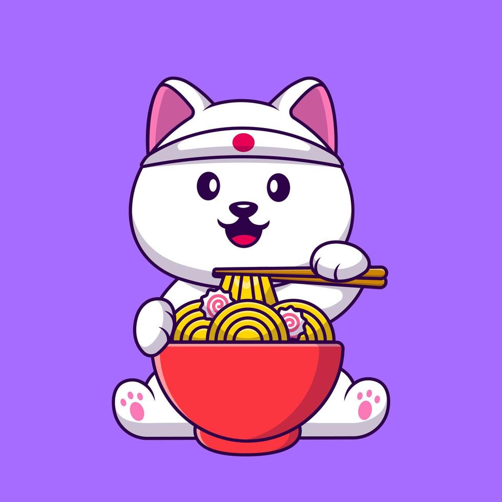 lindo perro spitz comiendo fideos ramen dibujos animados iconos vectoriales ilustración. concepto de caricatura plana. adecuado para cualquier proyecto creativo. vector