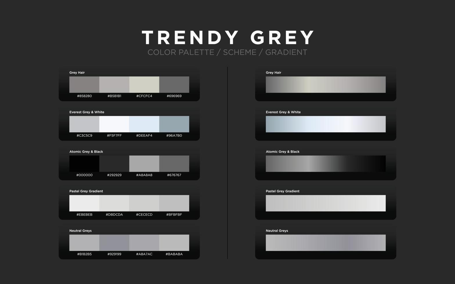 Grey color palettes, color schemes, color gradients. Set of modern web design color elements for graphic layout, website template, ui ux design. vector