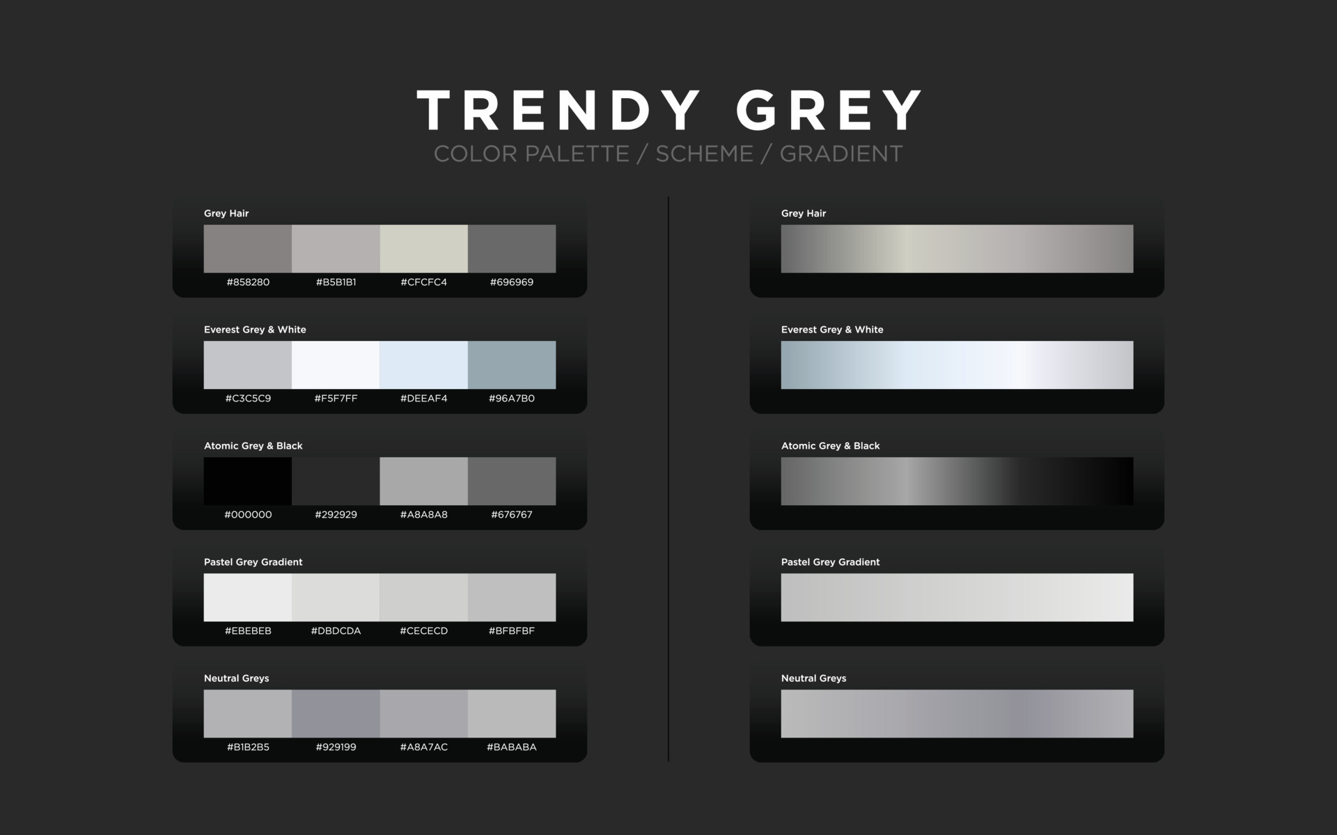 Grey color palettes color schemes color gradients. Set of modern