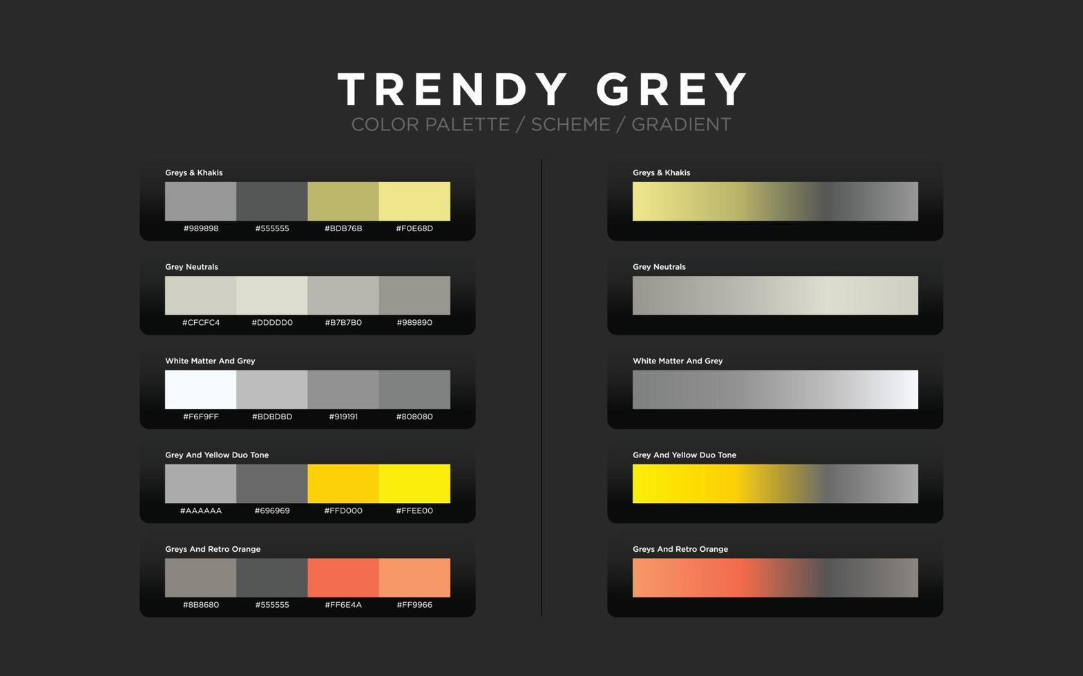 Grey color palettes, color schemes, color gradients. Set of modern web design color elements for graphic layout, website template, ui ux design. vector