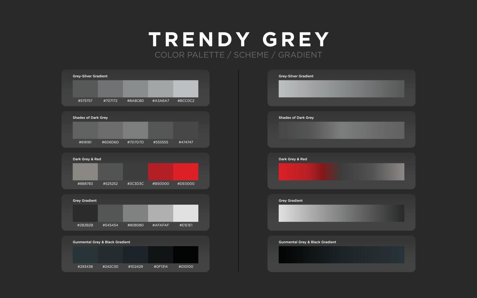 Grey color palettes, color schemes, color gradients. Set of modern web design color elements for graphic layout, website template, ui ux design. vector