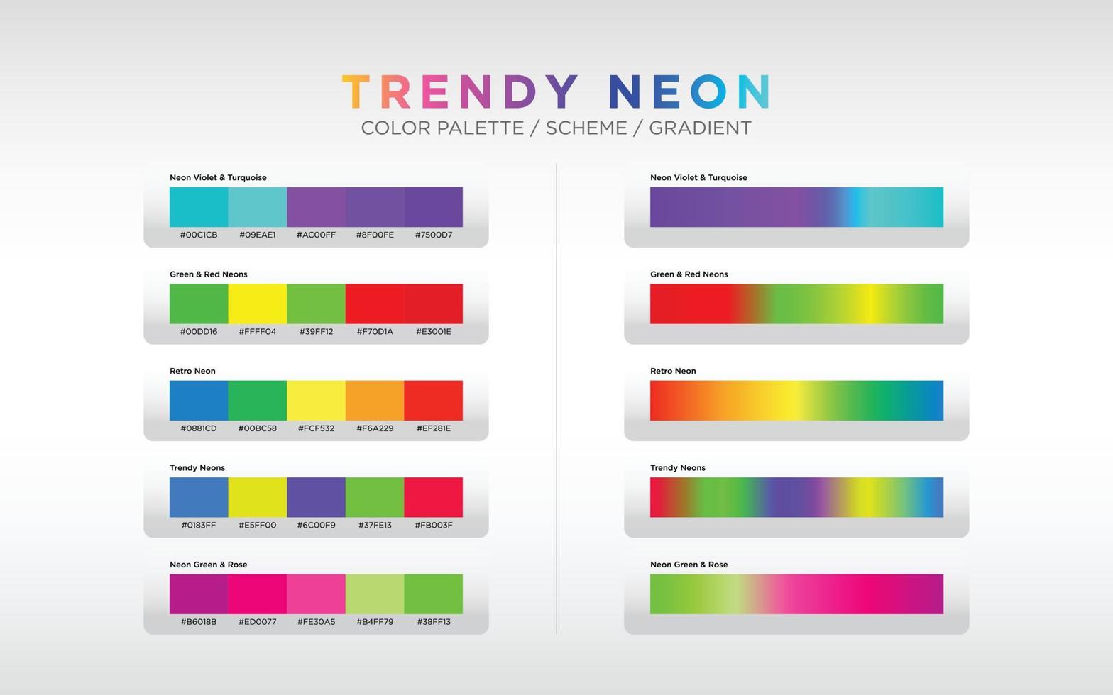 paletas de colores de neón, esquemas de color y degradados de color. conjunto de degradados de colores. elementos de color de diseño vectorial para su diseño. vector